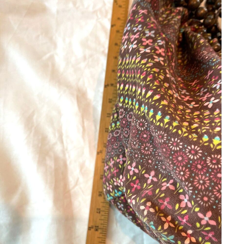 Vintage Floral Canvas Hobo Bag Wood Bead Handle Boho Brown Flowers Roomy 1980s - Picture 8 of 9